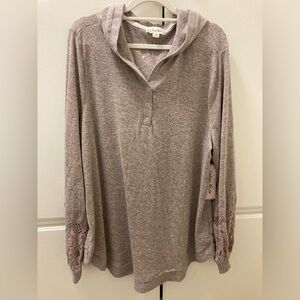 Indigo Rose Lace Sleeve Hoodie Pullover Casual Knit Top Taupe Womens 2X